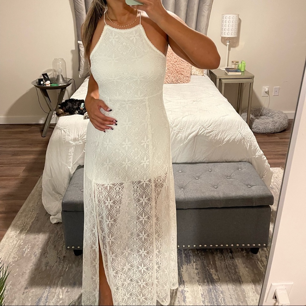 Cream maxi dress with mini slip, crochet w slit
